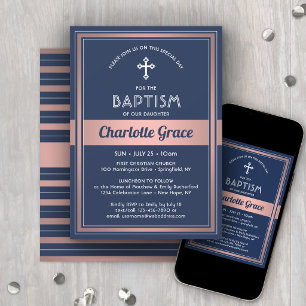 Mädchentaufe Elegantes Navy Blau Rosa Rosen Gold Einladung