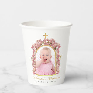 Mädchentaufe Foto Goldener Bogen Blumen Pinke Orch Pappbecher