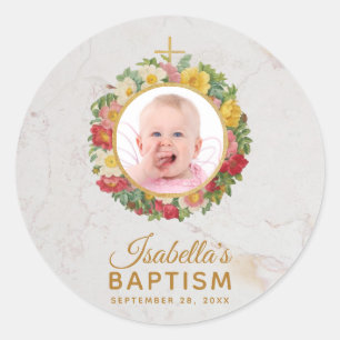 Mädchentaufe Foto im Rosenkranz Marmor Schriftzug Runder Aufkleber