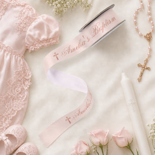 Mädchentaufe Rosa Roségold Kreuz und Kalligrafie Satinband
