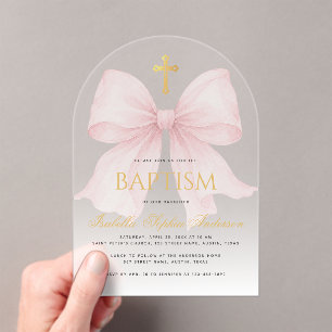 Mädchentaufe Rosa Schleife Faux Gold Kreuz Schrift Acryleinladungen