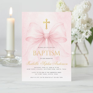 Mädchentaufe Rosa Schleife Faux Gold Kreuz Wasserf Einladung