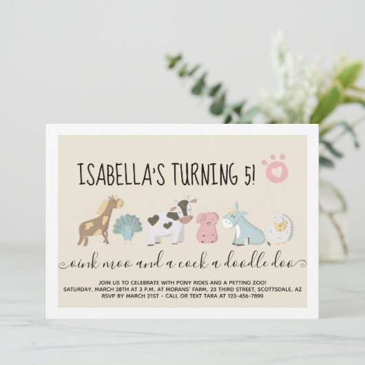 Mädchenzähler / Zuchtbarnyard Tiere Thema Einladung (Stehend Vorderseite)