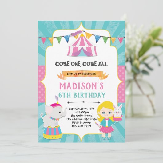 Mädchenzirkus Geburtstagsfeier Einladung (Stehend Vorderseite)