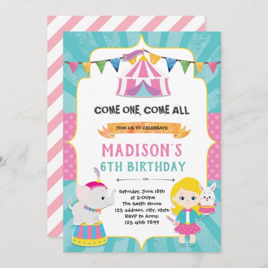 Mädchenzirkus Geburtstagsfeier Einladung (Vorne/Hinten)