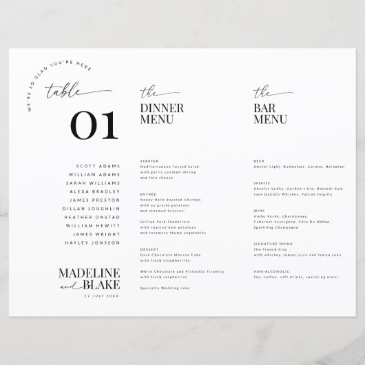 MADDIE Trifold Table Numbers with Seating and Menu (Vorderseite)