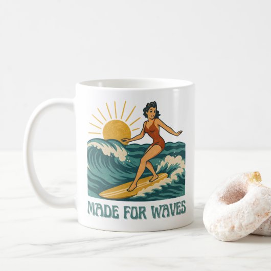 Made For Waves Surfer - Retro Surfing Pin-Up Art Kaffeetasse (Mit Donut)