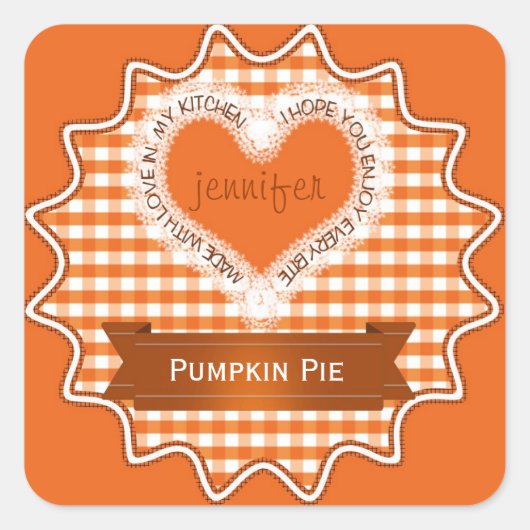 Made with Liebe Gingham Orange Quadratischer Aufkleber (Vorderseite)