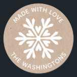 Made with Liebe Kraft Christmas Snowflake Sticker<br><div class="desc">Ein Kraftpapier und ein weißer Schneeflockenaufkleber mit den Worten Made with Liebe. Personalisieren Sie es mit Ihrem Familiennamen. Spaß für die hausgemachten oder handgefertigten Weihnachtsnachbarn Leckereien und Geschenke,  oder für Ihr Handwerk. Entworfen für Sie von BlackBerry Boulevard.</div>