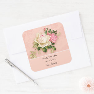 Made with Liebe Pink & White Rose Bouquet Quadratischer Aufkleber