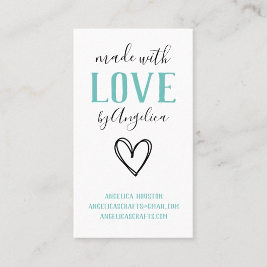 Made with Liebe Script Turquoise Heart Visitenkarte (Vorderseite)