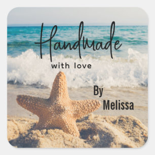 Made with Liebe Starfish on a Sandy Beach Foto Quadratischer Aufkleber