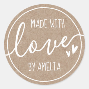 Made with love custom name hearts Kraft paper look Runder Aufkleber