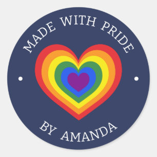 Made with pride LGBTQ Rainbow Heart Your Name Navy Runder Aufkleber