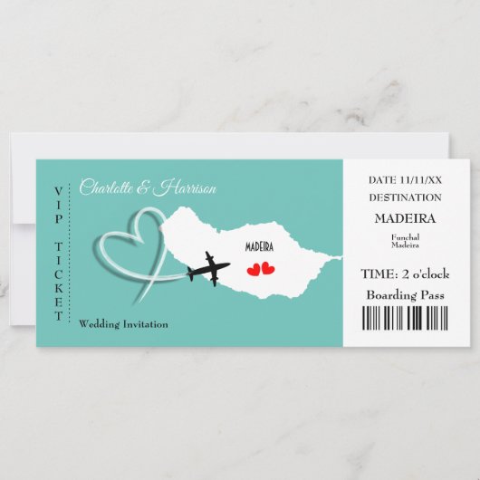 Madeira Wedding Destination Ticket Boarding Pass Einladung (Vorderseite)