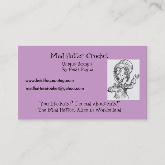 Madhatter, wütende Hutmacher-Häkelarbeit, Visitenkarte (Vorderseite)