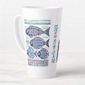 Madhubani-Blauer Fisch und traditionelle Dame latt Milchtasse (Linke Ecke)