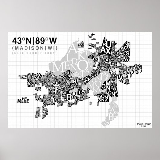 Madison Neighbhood Typografy Map - B&W Poster (Vorne)