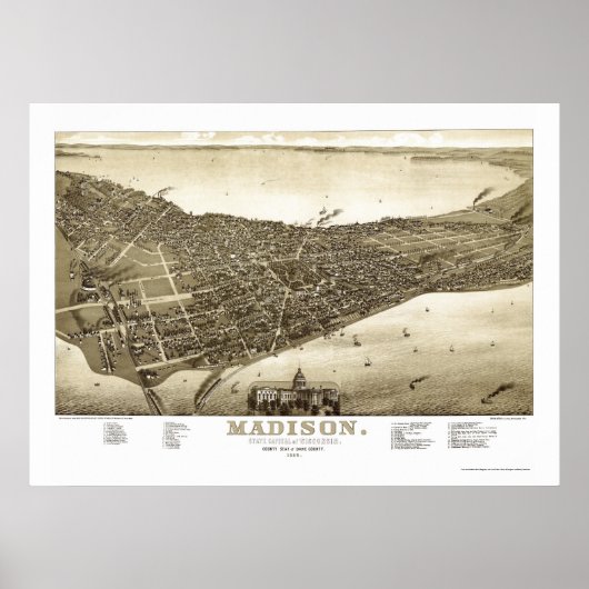 Madison, WI Panorama Karte - 1885b Poster (Vorne)