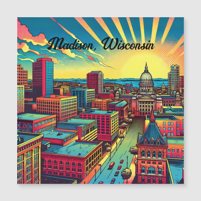 Madison, Wisconsin City Skyline bei Sunset Magnetkarte (Vorderseite)