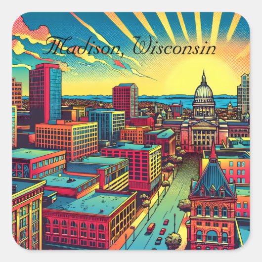 Madison, Wisconsin City Skyline bei Sunset Quadratischer Aufkleber (Vorderseite)