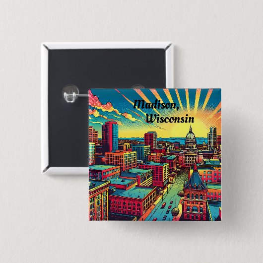 Madison, Wisconsin Skyline bei Sunset Button (Vorne & Hinten)