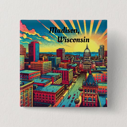 Madison, Wisconsin Skyline bei Sunset Button (Vorderseite)