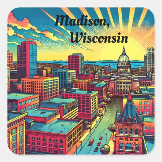 Madison, Wisconsin Skyline bei Sunset Quadratischer Aufkleber (Vorderseite)