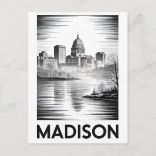 Madison Wisconsin Skyline Schwarz Weiß Holzschnitt Feiertagspostkarte