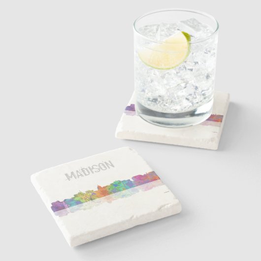 MADISON, WISCONSON SKYLINE - Stein trinkt Steinuntersetzer (Seitenansicht)