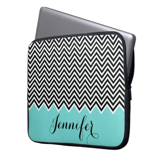 MÄDLICH AQUAMARINER BLAU Schwarz-weißer Zickzack Laptopschutzhülle (Vorderseite Links)