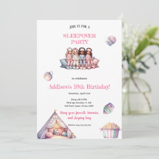 MÄDLICH PAJAMAS PARTY EINLADUNG (Stehend Vorderseite)