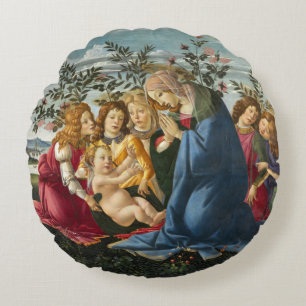 Madonna, das Kind mit 5 Engeln anbetend Botticelli Rundes Kissen