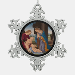 Madonna, der das Kind mit dem Säuglings-Heiligen Schneeflocken Zinn-Ornament