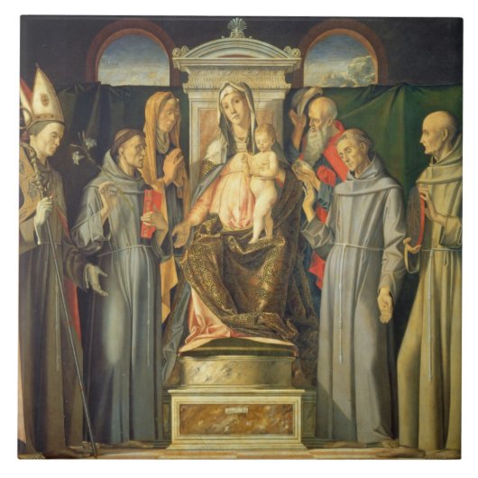 Madonna inthronisierte, 1480 (Öl auf Platte) Fliese (Vorderseite)