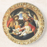 Madonna mit dem Magnificat Getränkeuntersetzer<br><div class="desc">Madonna von Magnificat ist ein Gemälde des italienischen Renaissancemeisters Sandro Botticelli,  1487 FLorence Italien .tempera auf Tafel.Dieses Werk zeigt die Jungfrau,  die Maria von zwei Engeln gekrönt wurde. Das Kind Jesus behalte in der Hand das Granatapfel,  Symbol der Auferstehung.</div>