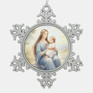 Madonna mit Kind Jesus Schneeflocken Zinn-Ornament