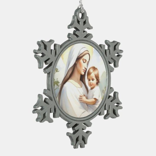 Madonna mit Kind Jesus Schneeflocken Zinn-Ornament (Links)