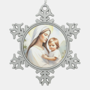 Madonna mit Kind Jesus Schneeflocken Zinn-Ornament