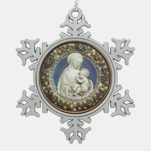 MADONNA MIT KINDERRUNDE SCHNEEFLOCKEN Zinn-Ornament (Vorderseite)