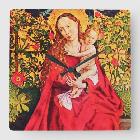 MADONNA OF THE ROSE BOWER,PINK FUCHSIA GEMS, White Quadratische Wanduhr (Vorderseite)