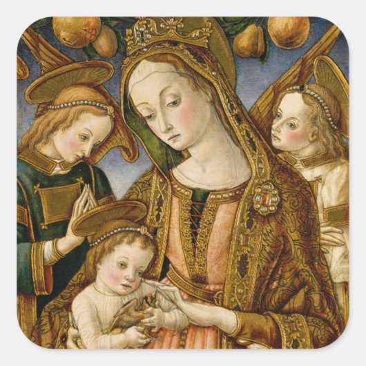 Madonna und Kind mit zwei Engeln Quadratischer Aufkleber (Vorderseite)