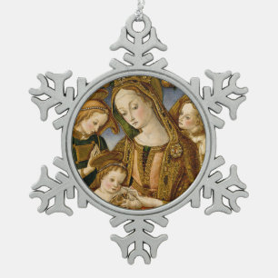 Madonna und Kind mit zwei Engeln Schneeflocken Zinn-Ornament