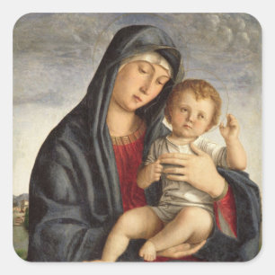 Madonna und Kind (Öl auf Platte) 2 Quadratischer Aufkleber
