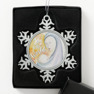 Madonna und Kind Wasserfarbe Freude für die Welt Schneeflocken Zinn-Ornament