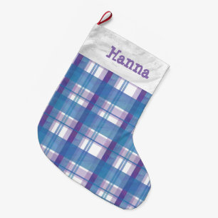 Madras Kariert Blau und Lila Großer Weihnachtsstrumpf