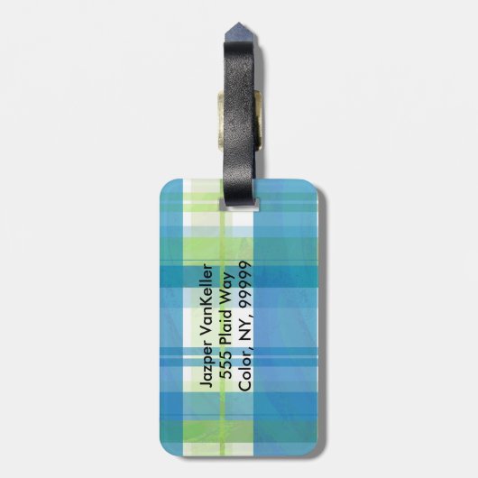 Madras Kariert Green und Blue Gepäckanhänger (Rückseite vertikal)