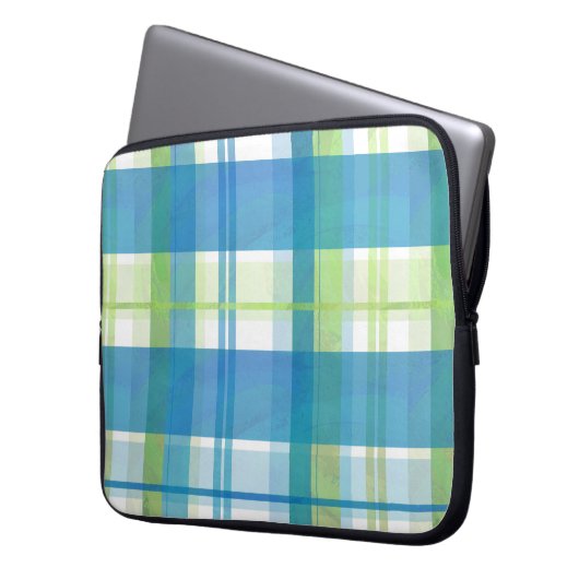 Madras Kariert Green und Blue Laptopschutzhülle (Vorderseite Links)
