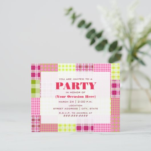 Madras  Karierte Patchwork-Party Einladung (Stehend Vorderseite)