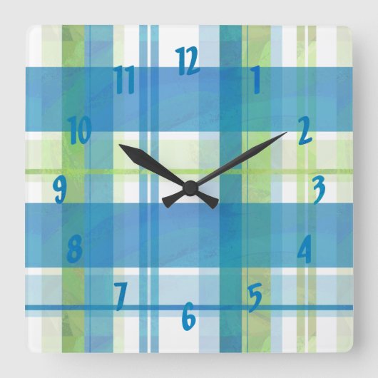 Madras Plaid Green and Blue Quadratische Wanduhr (Vorderseite)